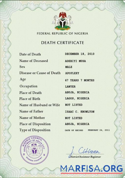 Downloadable Nigeria vital record death certificate PSD template